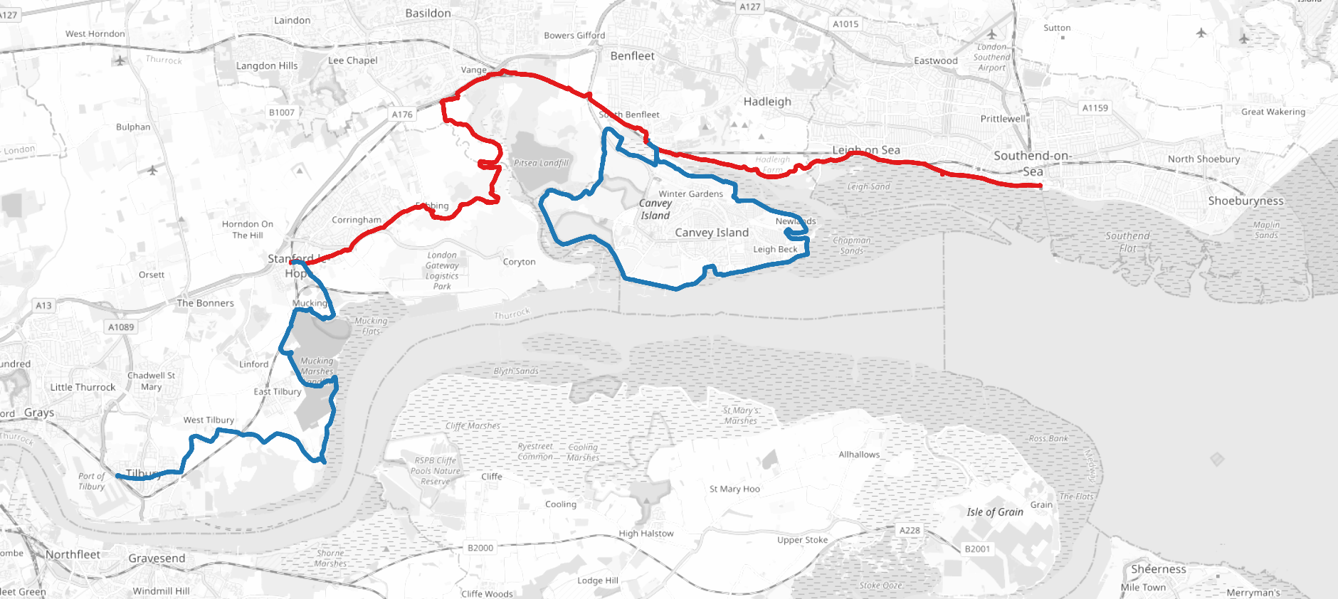Tilbury to Southend-on-Sea (OpenStreetMap)